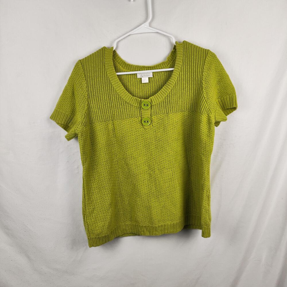 Christopher & Banks Sweater Womens Large Green Short Sleeve Waffle Knit Henley